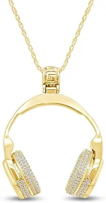 Music Headphone Pendant Necklace Simulated Diamond 14k Yellow Gold Plated Silver • $237.33
