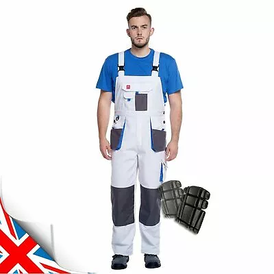 WORK Dungarees WHITE-BLUE Bib And Brace Men TROUSERS Overalls White For Painting • £21.99