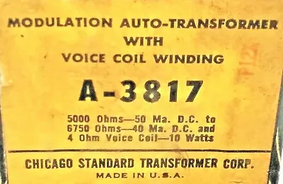 1 Nos Stancor A-3817 Modulation Auto-transformer With Voice Coil 10 Watts • $99