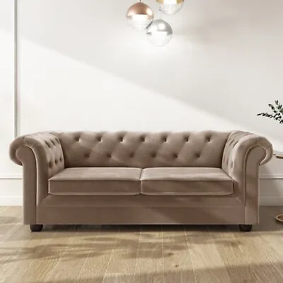 GRADE A2 - Beige Velvet Chesterfield Pull Out Sofa Bed - Seats 3 - Bro A2/SOF096 • £569.97