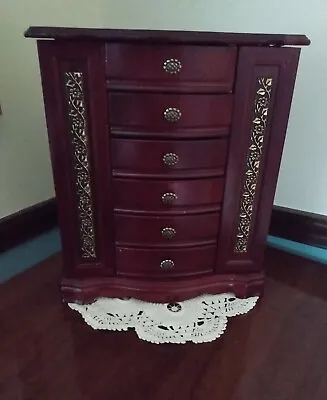 Jewelry Box Wooden Mahogany Cherry Color Beautiful Gold & Black Scrollwork CLEAN • $47