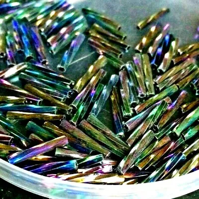 50 X Multi Coloured Rainbow Twisted Glass Bugle / Tube Beads. Size 12mm Long. • £2.99