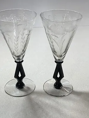 Morgantown Art Moderne Victoria Regina Glasses Black Stem Etched Lilypads Set 2 • $169.99