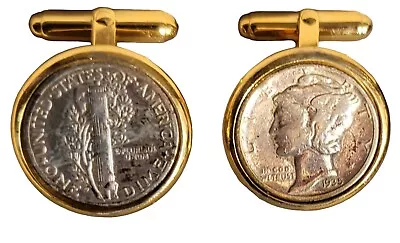 $15.99 • Buy Vintage Silver Mercury Dime Coins Cuff Links Gold Tone Set Mens Estate Jewelry
