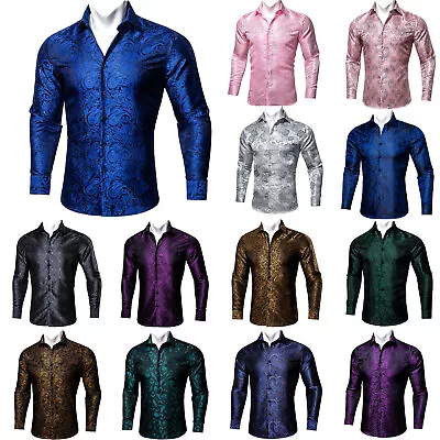 Mens Silk Long Sleeve Shirt Blue Red Black Paisley Button Down Casual Formal Top • $24.99