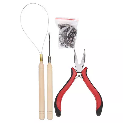 Hair Extensions Pliers Hook Tool Kit For Micro Rings Loop+100pcs Silicone Bead A • £8.51