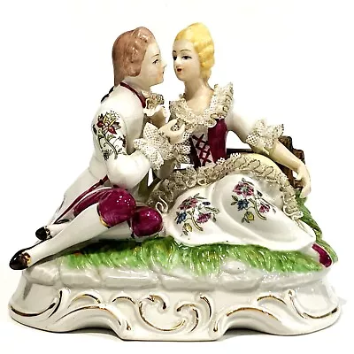 COURTING COUPLE On The Grass Figurine -Porcelain DRESDEN LACE-STYLE 15cmH Japan • $25.85