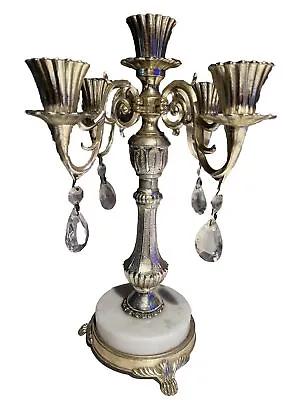 Vintage Crystal Candelabra Taper Ornate Candlestick Metal Marble Base Italy • $70