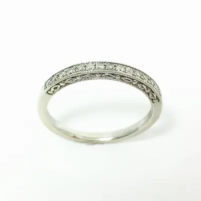 14k White Gold Round Diamond Wedding Band Milgrain Pattern Accent Stacking Ring • $349