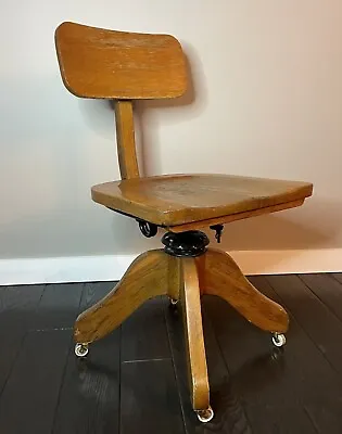 Antique 1919/20's Oak Rolling Office Swivel Chair Adjustable Lovely Condition • $175