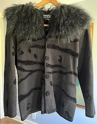 Vtg Berek 2  Cotton/ Ramie Cardigan Detachable Faux Fur Collar / Beaded Holiday • $22