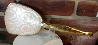 Vintage Hand Mirror 1960s Art Deco Pink & Gold Vanity 12.5  Long With Handle  • $20