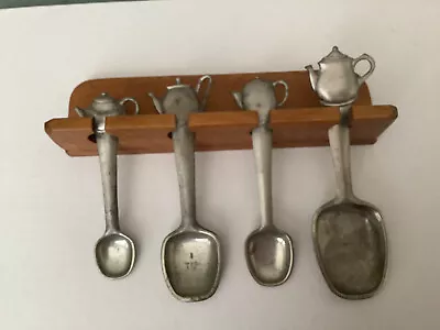 1994 Seagull Pewter Set Of 4 Teapot Measuring Spoons With Rack  • $12