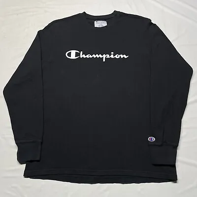 Vintage Champion Long Sleeve T-Shirt Mens Large Black Script Logo Hipster Sports • $18.99