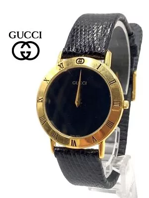 Gucci 3000M 33mm Watch Quartz Men's Genuine Belt Black Dial Gold Vintage Working • $487.03