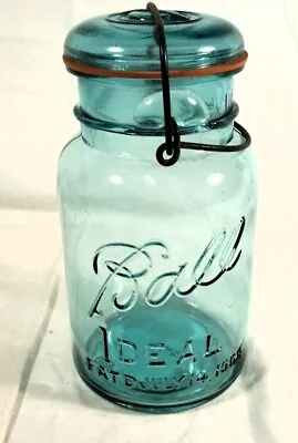 Vintage Ball Ideal Aqua Blue Mason Jar #2 Wire Bail Glass Lid 1908 • $49.99