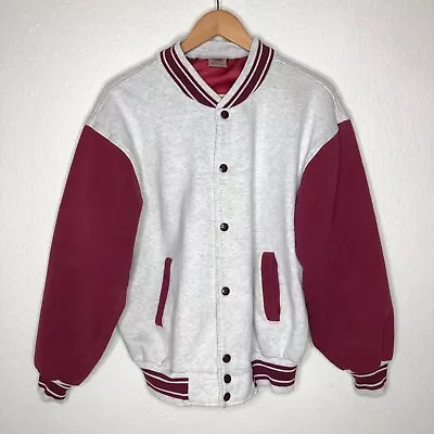 Vintage Varsity Bomber Baseball Pockets Mens Jacket Large 90s Gray Maroon Lined • $41.29