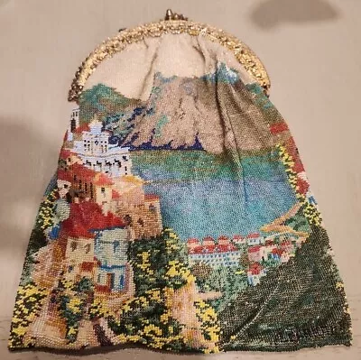 Antique Micro-Beaded Purse W/ Scenic Seaside Village And Gold Tone Frame 1920's • $649.95