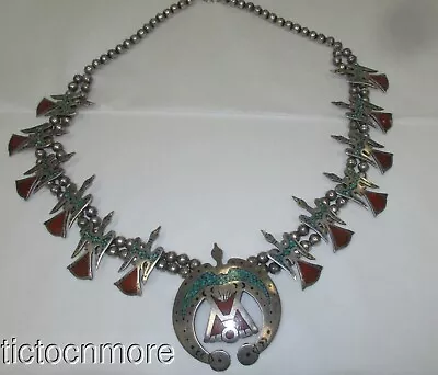 Vintage Navajo Indian Silver Inlay Thunderbird Squash Blossom Naja Necklace • $495