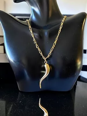 14k Yellow Gold XL ITALIAN HORN Lucky Pendant Solid 21” 4mm Chain NECKLACE! • $2795