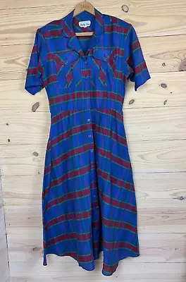 Vtg 80s Sally Lou Dress Women's 12 Midi Plaid Blue Button Front Shoulder PadsUSA • $13.59