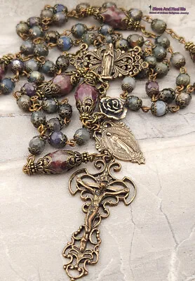Virgin Miraculous Mary Multicolor Sapphire Vintage Bronze Ornate Rosary • $247