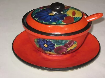 PAI 287 RARE J Mrazek Pottery Peasant Art Czechoslovakia Sugar Jam Bowl & Spoon • $70