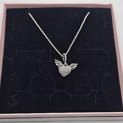 Genuine Pandora Sparkling Heart & Angel Wings Necklace 38/45cm ALE925 #398505C01 • $58.08