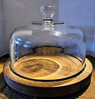 Vintage Teak Wood Glass Dome Covered Cheese Board Cake Snack Tray Plate 7.5  • $15.50