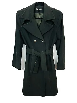 Nicole Miller Womens 8 Medium Dark Green Wool Pea Trench Coat Lined & Belted  • $69.95