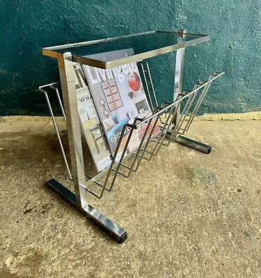 Vintage Retro Mid Century Chrome & Smocked Glass Magazine Rack Side Table • £125