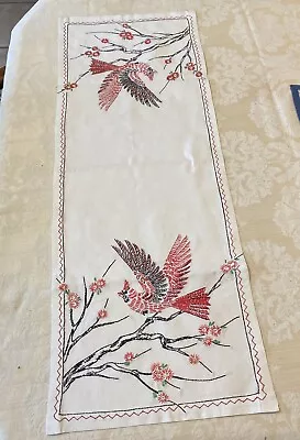 Vintage Embroidered Dresser Scarf Table Runner CARDNALS Birds 13”x35” • $9.99