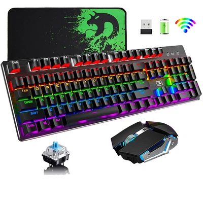 $76.89 • Buy Wireless/Wired Rechargeable Mechanical Gaming Keyboard Mouse And Mat RGB Backlit
