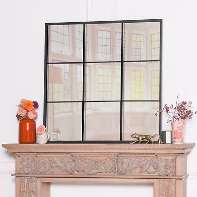 Industrial Style Black Metal Window Style 90cm Square Wall Mirror Decor • £94