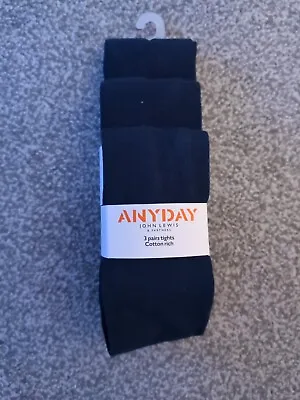 John Lewis ANYDAY Kids' Cotton Rich Tights Pack Of 3 Charcoal Navy 9-10 YEARS • £5