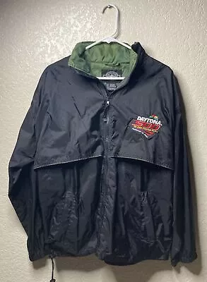 Vintage Daytona 500 Windbreaker Jacket Size Medium Black Full Zip Hidden Hoodie • $15.96