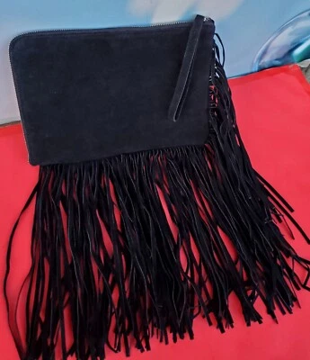 $37 • Buy NEW $75 Zara Basic Collection Large Wrist Clutch Black Suede Leather Fringe Bag