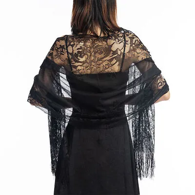 Chic Tulle Lace Wedding Tassel Shawl Wrap Pashmina Party Evening Shawl Scarf • £4.82