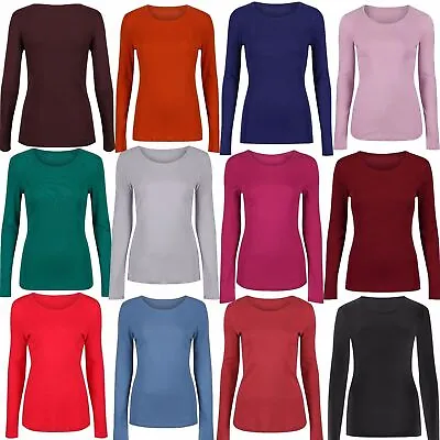 Womens Ladies Long Sleeve Stretch Plain Scoop Neck T Shirt Top Assorted 8-26 • £7.09