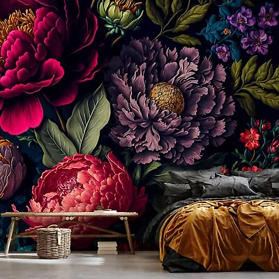 Photo Wallpaper Flowers Peonies Vintage Black Fleece Wallpaper Xxl + Glue • $117.26