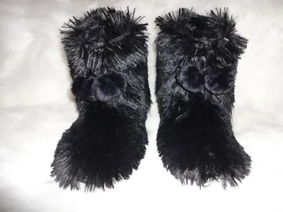 Womens L 9-10 Black Fur Monster Silky Faux Fur Pom Pom Bow Slipper Boots New • $32