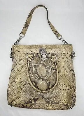 Michael Kors Hamilton Tote Purse Handbag Leather Snake Skin Silver Chain • $16.47