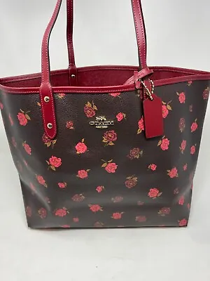 Coach Tossed Floral Peony Floral Reversible Tote Oxblood Cherry + Wristlet NWT • $189