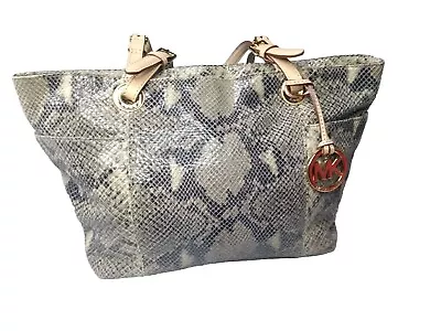 Michael Kors Jet Set Tote Bag Python Embossed Leather Beige & Black Zip Top • $55.25