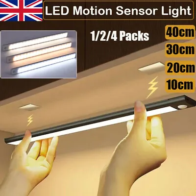 1-4x LED PIR Motion Sensor Strip Light Magnetic Cabinet Closet USB Rechargeable • £28.79