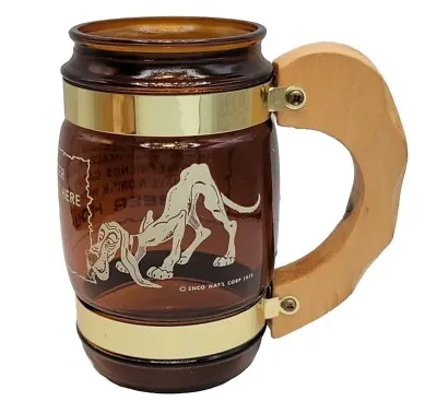 Brown Glass Beer Hound Stein With Wood Wooden Handle Silly Funny Quote Vintage • $9.95