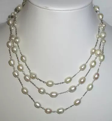 Vintage Sterling Silver 925 3 Strand Pearl Necklace   (F). • $29