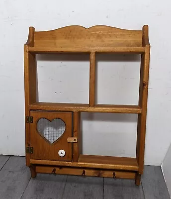 Vintage Country Farmhouse Pine Wood Wall Shelf Curio Shadow Box Pegs Heart • $110