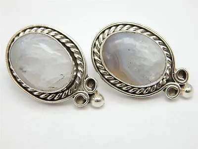 Mexico Sterlng Silver 925 Opaque Quartz Large Earrings Rope Halo 30 Tcw • $33.67