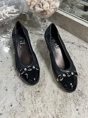 AGL Black Leather And Patent Cap Toe Mid Heel Pumps Size 39 Silver Acct • $47